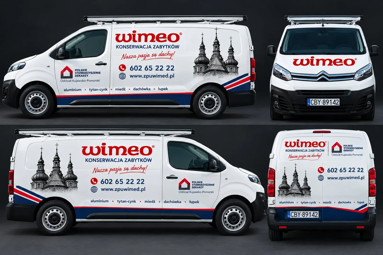Projekt oklejenia dwóch busów Citroën Jumpy w barwach firmy Wimeo, widok z boku i z przodu